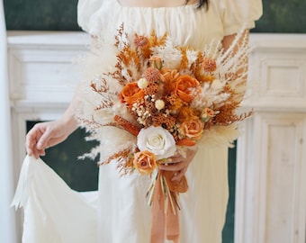 Orange Preserved Flower Bridal Bouquet: Rustic Boho Wedding Flowers