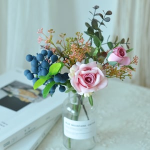 Silk Flower Arrangement in Small Glass Vase, Pink rose Floral bouquet, Birthday, Mother&#39;s day gift, Bridal shower, home decor,Office decor