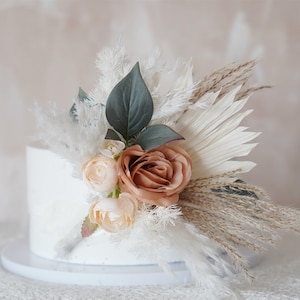 Boho Wedding Cake Topper: Silk Rose & Pampas Floral Decoration