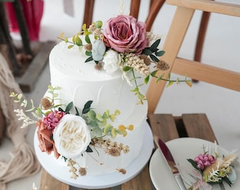 Set bruidstaarttopper rozen: witte en dieproze kunstbloemen