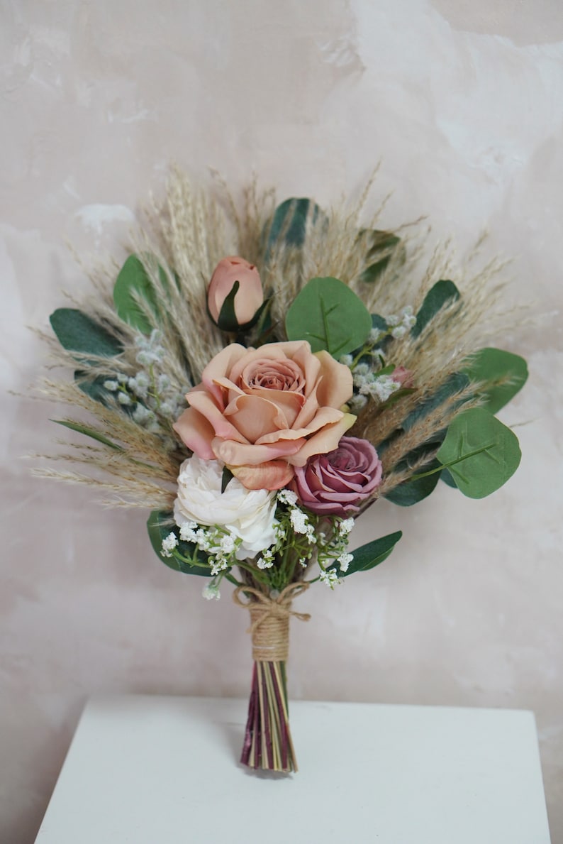 Rustic boho Wedding Bouquet,Artificial Faux Flowers Home Wedding Decor,bridal bridesmaids bouquets,Pampas grass bouquet 6 inches