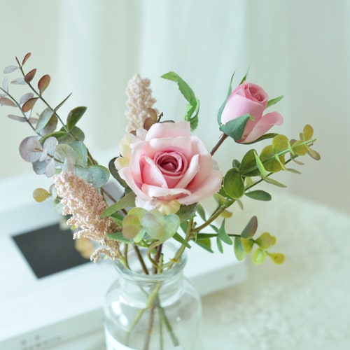 Silk Flower Arrangement in Small Glass Vase Pink Rose Floral - Etsy