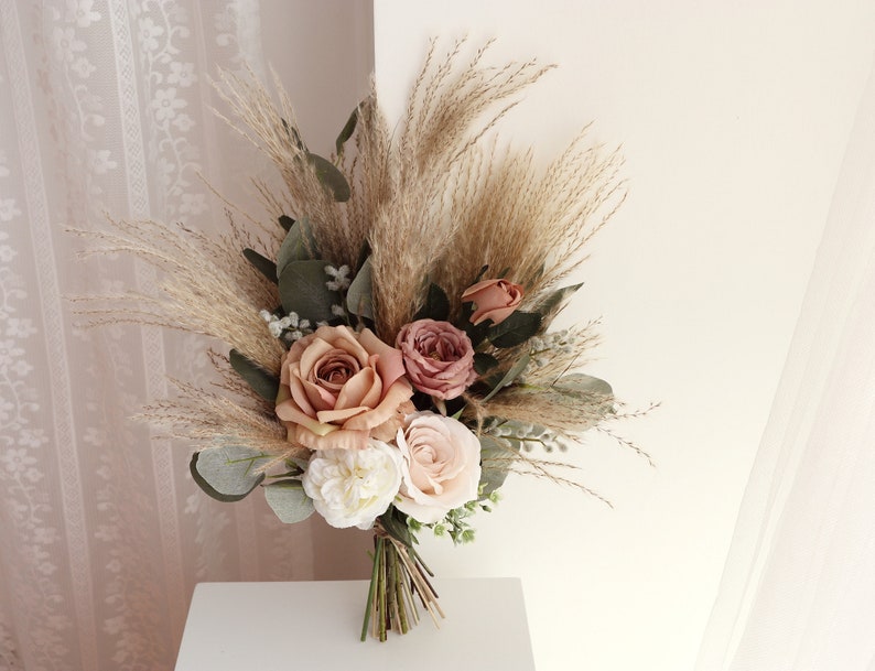 Rustic boho Wedding Bouquet,Artificial Faux Flowers Home Wedding Decor,bridal bridesmaids bouquets,Pampas grass bouquet 12 inches