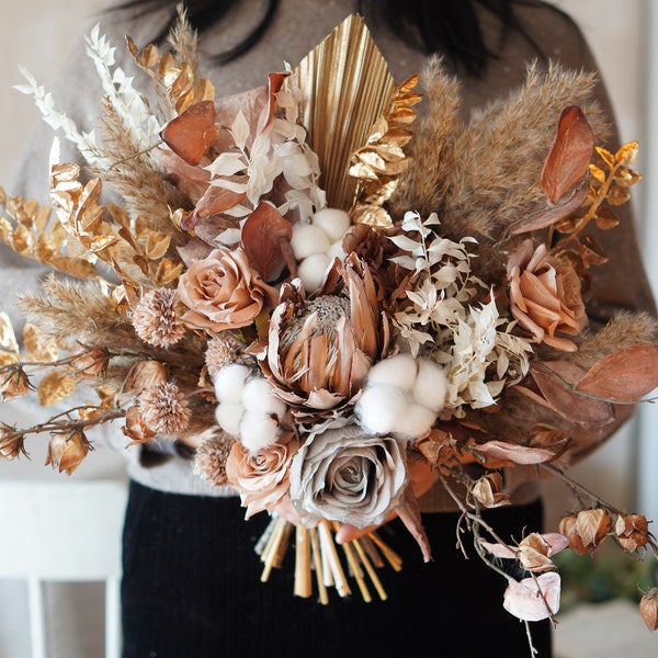 King Protea & Grey Dried Natural Flowers Bouquet,Rustic boho Wedding Bouquet, Home Wedding Decor,Bridal Bridesmaids Bouquets