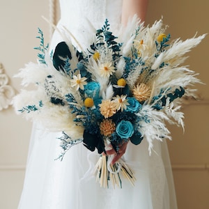 Classic Wedding Bouquet, Rustic Boho Flower Bouquet, White pampas grass,Blue Preserved flowers Bridesmaid bouquets,Home Decor