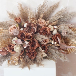 Terracotta flowers, Golden palm fans, Golden leaves, Pampas Flower Arch Arrangement, Boho Wedding Decor, Swag For Arch, Rustic Wedding Decor