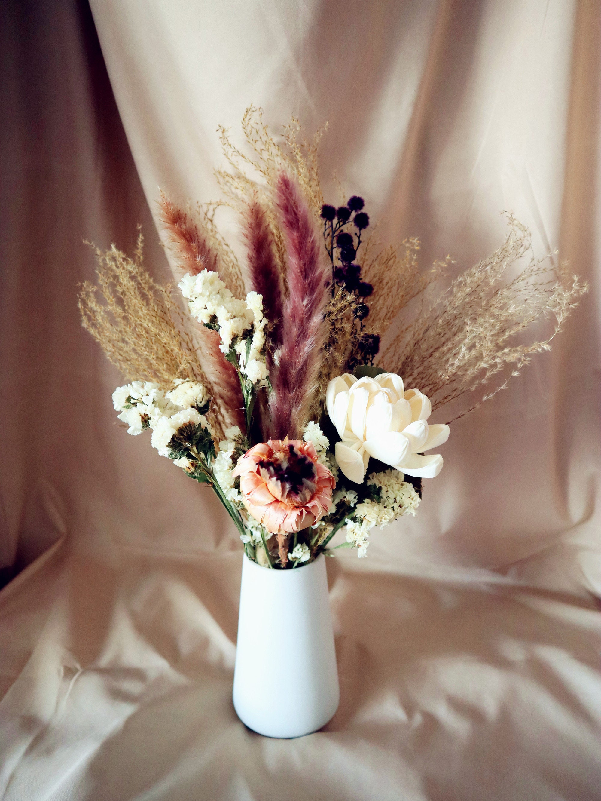 Flower arrangement beige gold pink brown artificial faux flowers pampas  grass