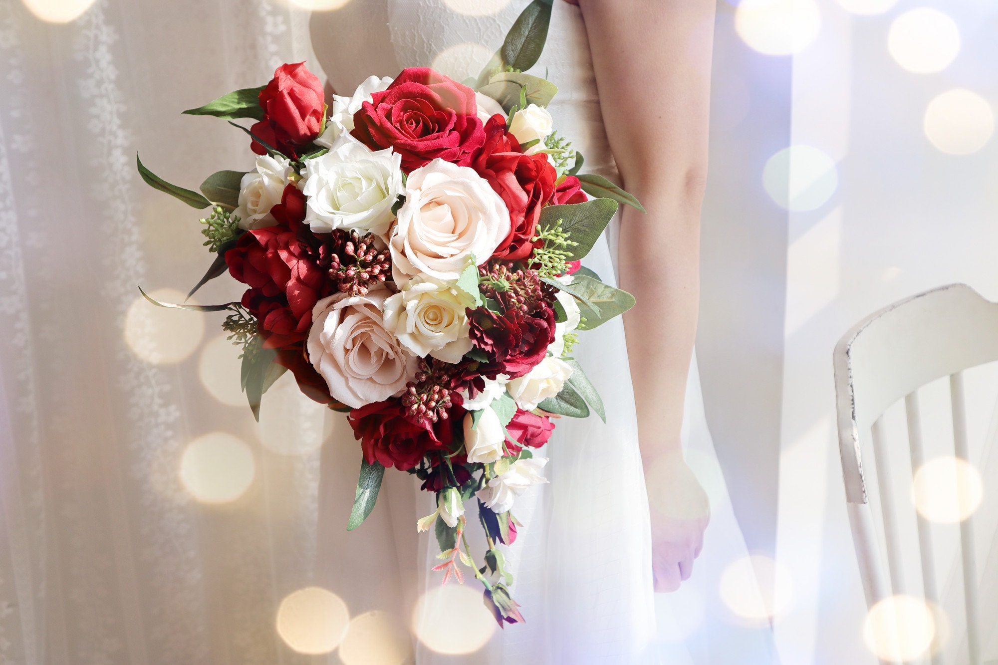 Cascading Red White Silk Rose Greenery Bridal Bouquet Wedding Bouquet ...
