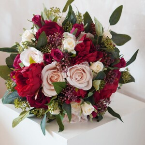 Red White Silk Rose Peony Bridal Bouquet, Wedding Bouquet, Wedding ...