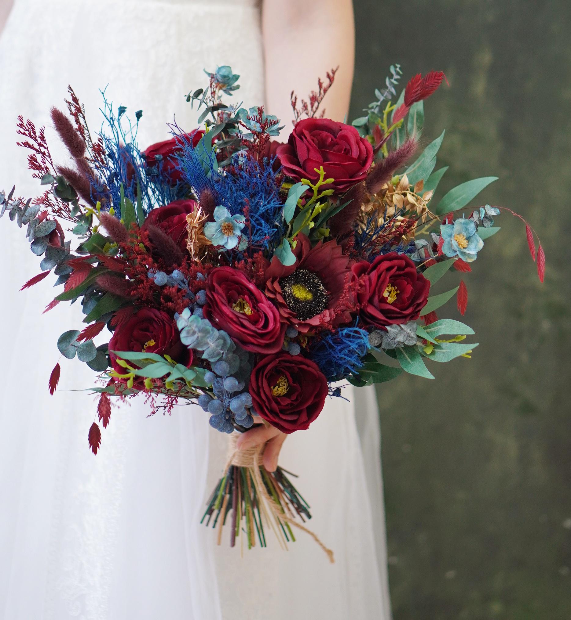 Burgundy &Blue Flowers, Eucalyptus Wedding Bouquet, Burgundy Wedding Flower, Burgundy Silk Flower Wedding, Rustic Wedding bouquet