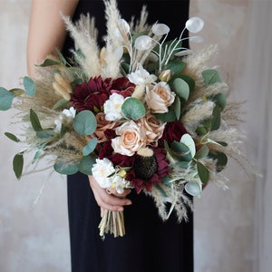 Rustic boho Wedding Bouquet,Artificial Faux Flowers Sunflower Rose Home Wedding Decor,bridal bridesmaids bouquets,Pampas grass bouquet image 4