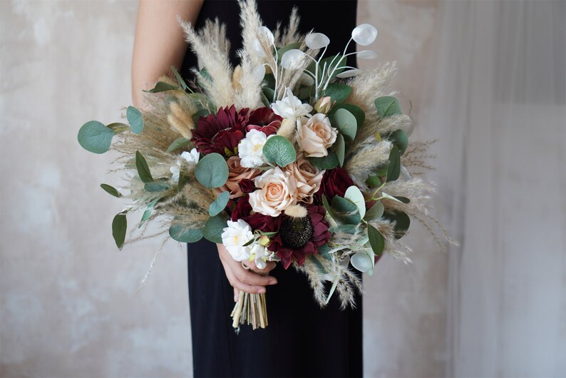 Rustic boho Wedding Bouquet,Artificial Faux Flowers Sunflower Rose Home Wedding Decor,bridal bridesmaids bouquets,Pampas grass bouquet image 4