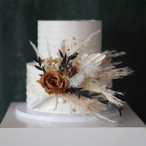 Wedding Cake Topper, Terracotta Roses Floral Cake Decoration, White fan,Pampas Cake flowers, Boho Wedding