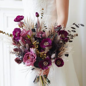 Beige Pampas  Bridal Bouquet,Dark purple silk flowers Wedding Bouquet Bobo Bridal Bridesmaids Bouquets