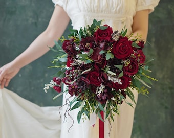 Silk Rose Bridal Bouquet, Rustic Boho Wedding Flowers
