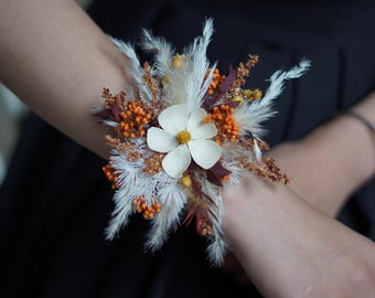 Orange Preserved Millet Flower Corsage & Boutonniere Set: Pampas Grass Wedding