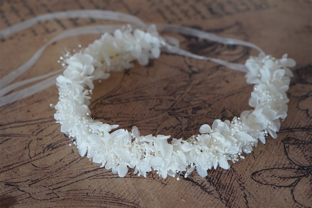 Preserved Natural Real Flower Crown, Pure White Hydrangea, Half Crown