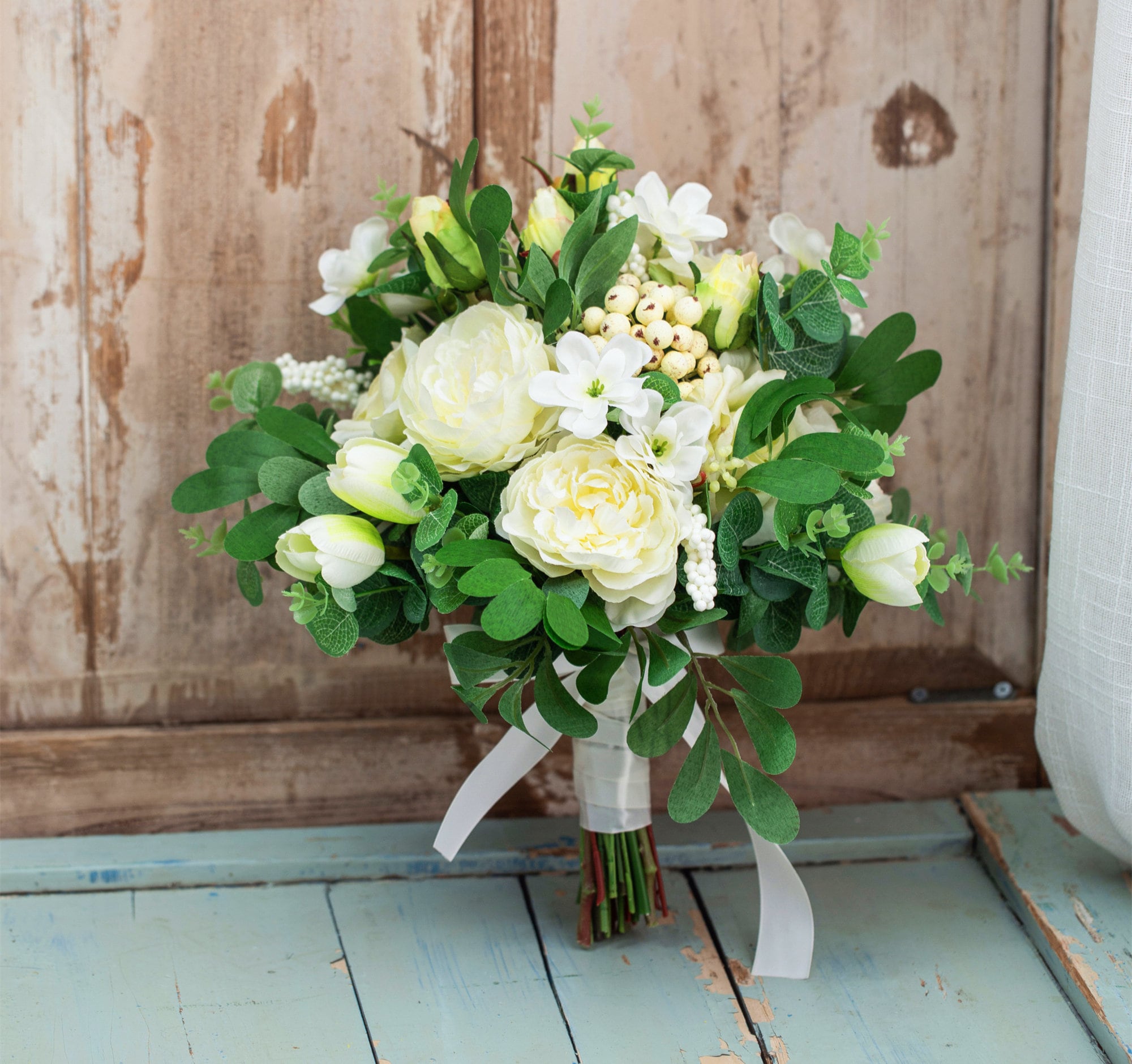 White Green Silk Rose Greenery Bridal Bouquetwedding Bouquet Etsy