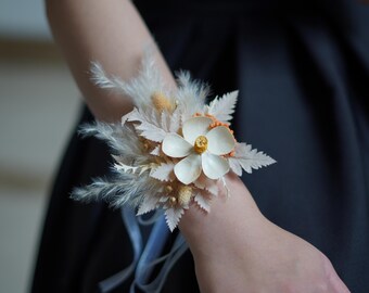 Pampas Grass Dried Flower Corsage & Boutonniere Set