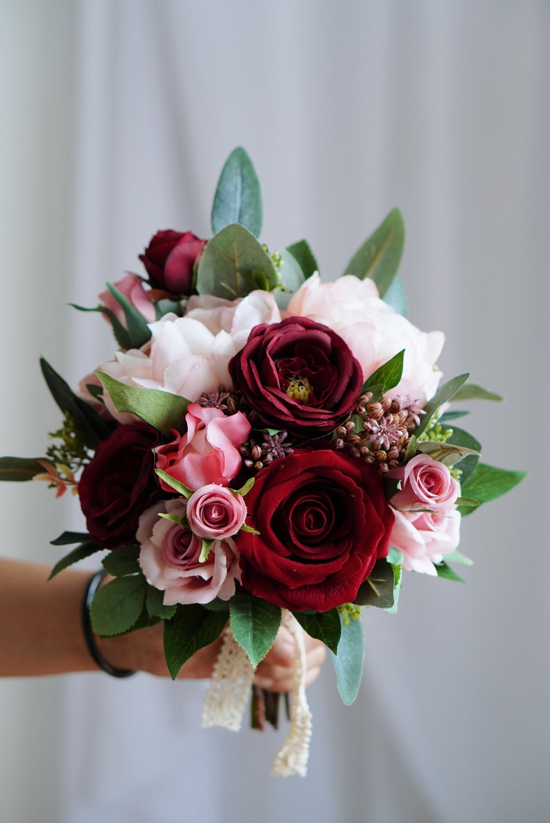 Red pink silk Rose peony Bridal bouquet,wedding bouquet, wedding flowers ,bridesmaid wedding flowers, rustic boho wedding image 7