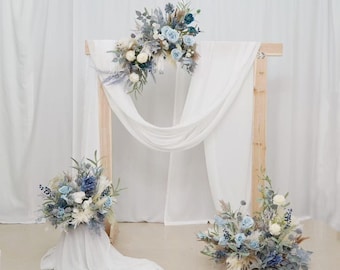 Blue Silk Flower Wedding Arch Arrangement: Grey, Beige Pampas