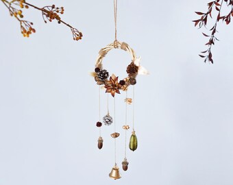 Dried Flowers Wind Chimes Bell, Rustic Gold Bells, Wreath Hanger,  Holiday Decor