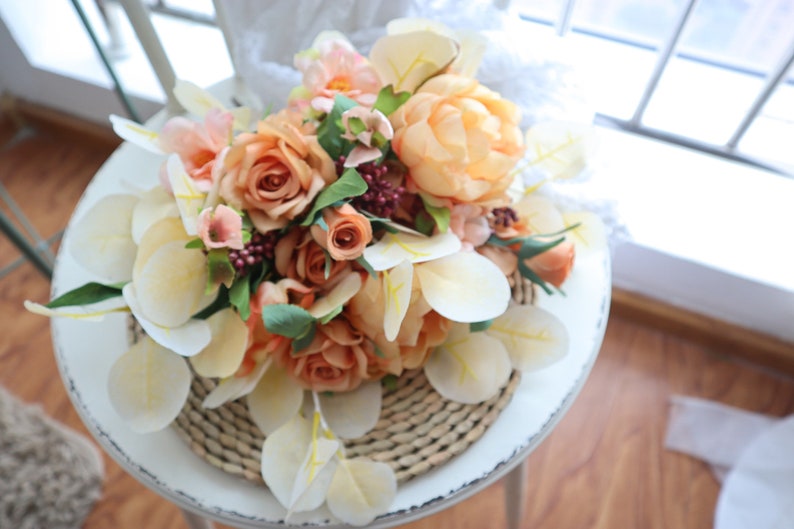 Orange white silk Rose peony Bridal bouquet, wedding bouquet, wedding flowers, Bridesmaid wedding flowers, Rustic boho wedding image 8