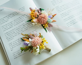 Wedding boutonniere & Corsage, Artificial flowers,Yellow,Pink,Wedding boutonniere ans corsage set,Classic Rustic  Wedding Accessories