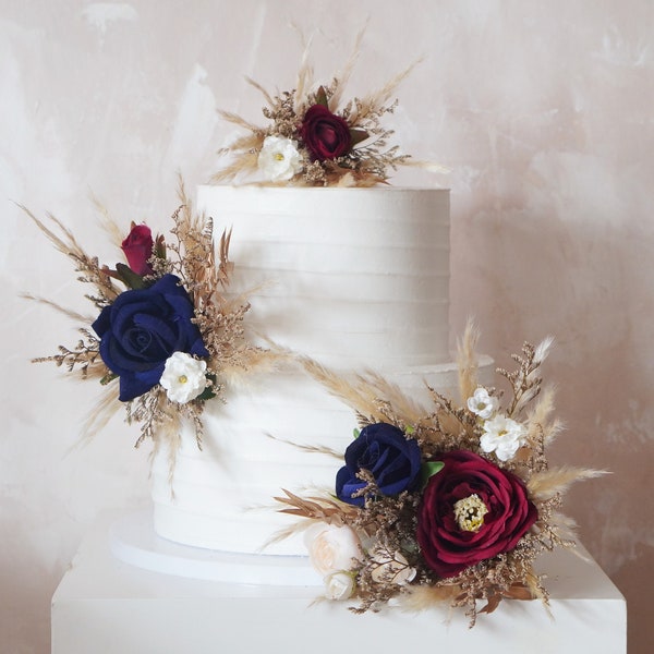 A Set Wedding Cake Topper, Burgundy Red, Navy Blue, Cake Topper Flowers, Pampass Cake Flowers, Rustic Wedding, Boho Wedding