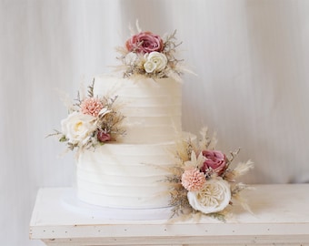 Floral Wedding Cake Topper Set: Rustic Pampas & Silk Flowers