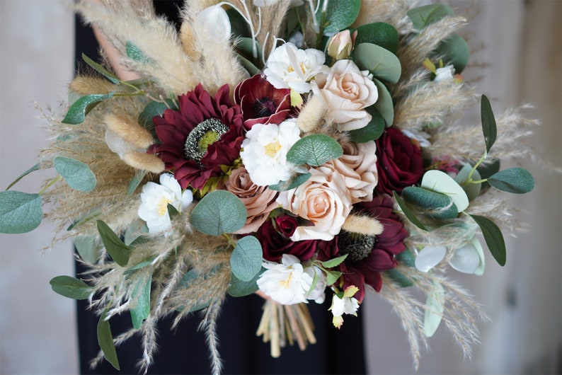 Rustic boho Wedding Bouquet,Artificial Faux Flowers Sunflower Rose Home Wedding Decor,bridal bridesmaids bouquets,Pampas grass bouquet image 8