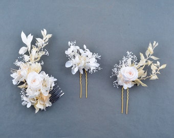 Preserved White Floral Hair Comb, Bridal Wedding Kanzashi
