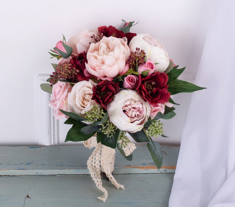 Red pink silk Rose peony Bridal bouquet,wedding bouquet, wedding flowers ,bridesmaid wedding flowers, rustic boho wedding image 3