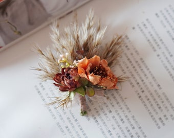 Orange Silk Flower Boutonniere: Pampas Grass Wedding Buttonhole