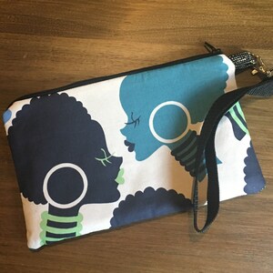 Green with Envy Zipper Pouch-- Mecca for Moderns ** Indigo  & Black Afros in Silhouette Size 9 x 5 1/2 Optional Strap