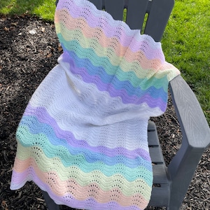 Crochet blanket, crochet baby blanket, rainbow afghan lapghan, decorative throw blanket, pastel coloured rainbow ripple and white crochet