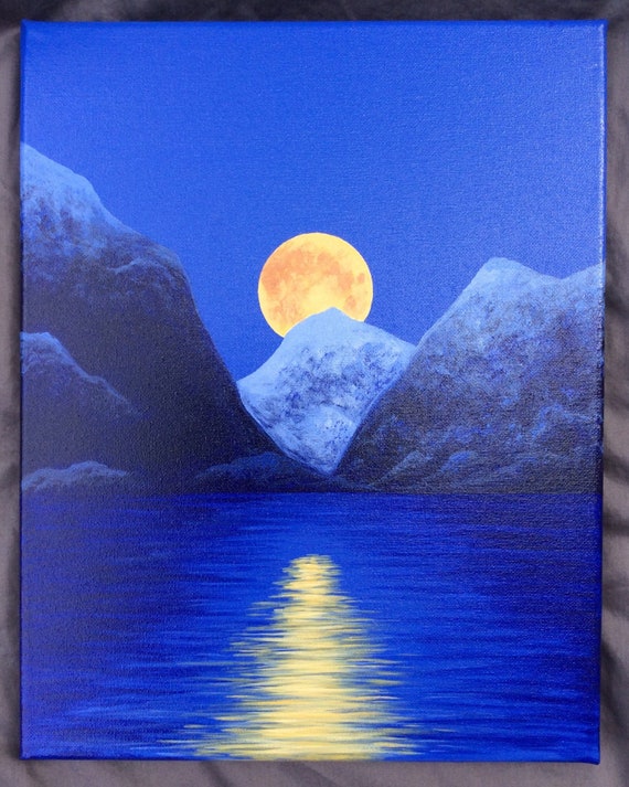 Full Harvest Moon Over Mountains Acrylic Painting 11x14 Etsy