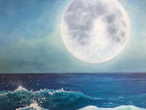 Full Moon Over Ocean Acrylic Painting 11x14 Etsy