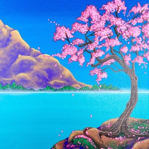 Cherry Blossom Landscape Acrylic Painting, 11x14&quot;
