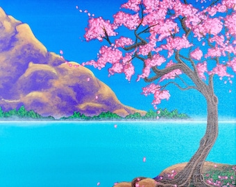Cherry Blossom Landscape Acrylic Painting, 11x14"