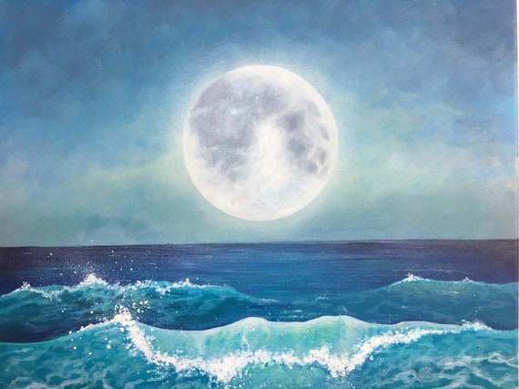 Full Moon Over Ocean Acrylic Painting 11x14 Etsy