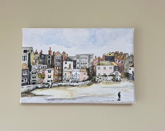 canvas print of St Ives, Cornwall, from artists original watercolour painting, st ives painting, beach painting, lone figure on the beach