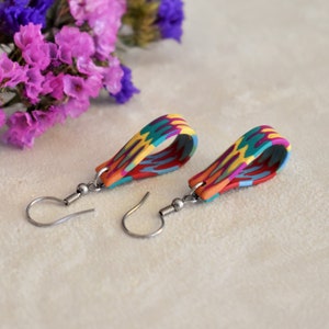 Boho - Pendientes colgantes de doble cara hechos a mano - Arcilla polimérica - Multicolor - Ganchos de acero inoxidable