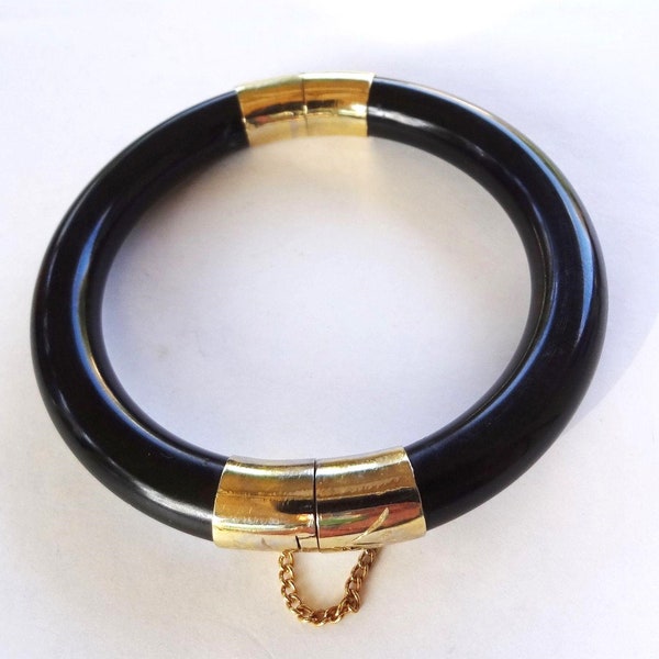 Vintage Black Jade Nephrite Bangle with Gold Vermeil Hinges