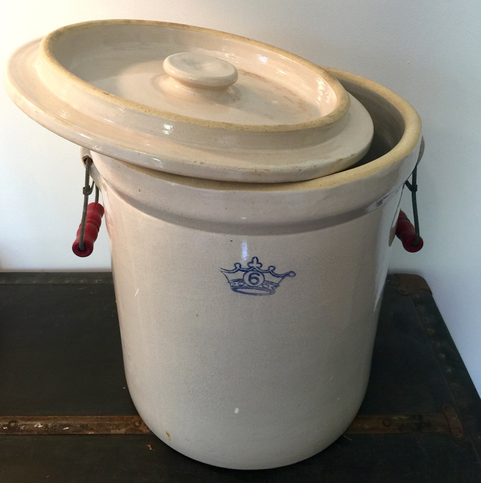 6 Gallon Stoneware Crock Pot Robinson Ransbottom Blue Crown Etsy