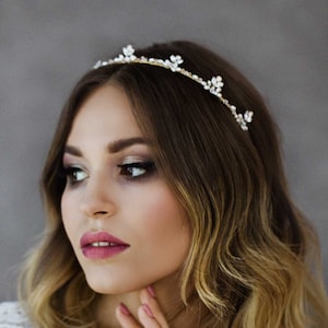 Crystal, real pearl delicate bridal crown, Wedding tiara for romantic wedding hair, Rustic vintage style wedding look, Headpiece | FRANCIS