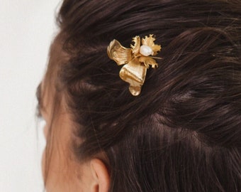 Forcina per capelli placcata oro 24K • Copricapo da sposa • Forcina per capelli da sposa • Spilla perlata • Ornamento da sposa • Pezzo da sposa • Forcina per capelli in oro avorio / GIA