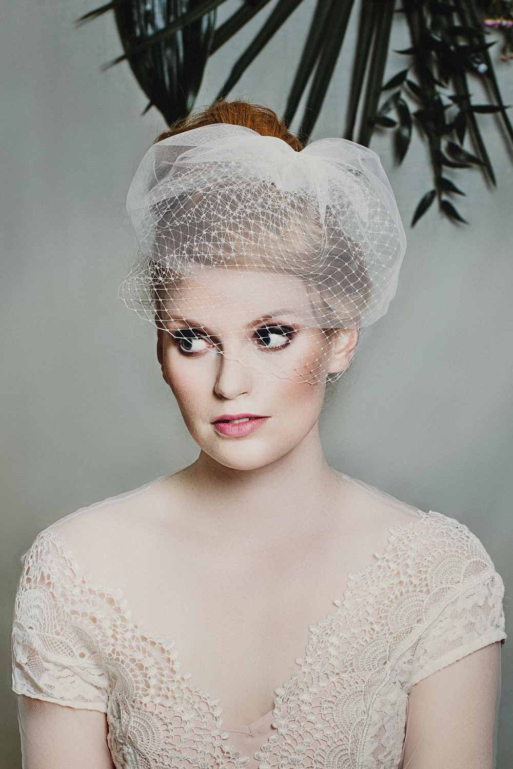 Bridal Birdcage Veil, Bandeau Veil, Ivory Bird Cage Veil, White Face French Veil, Headpiece, Wedding Hair Accessory, Two-layer Veil | ZIV