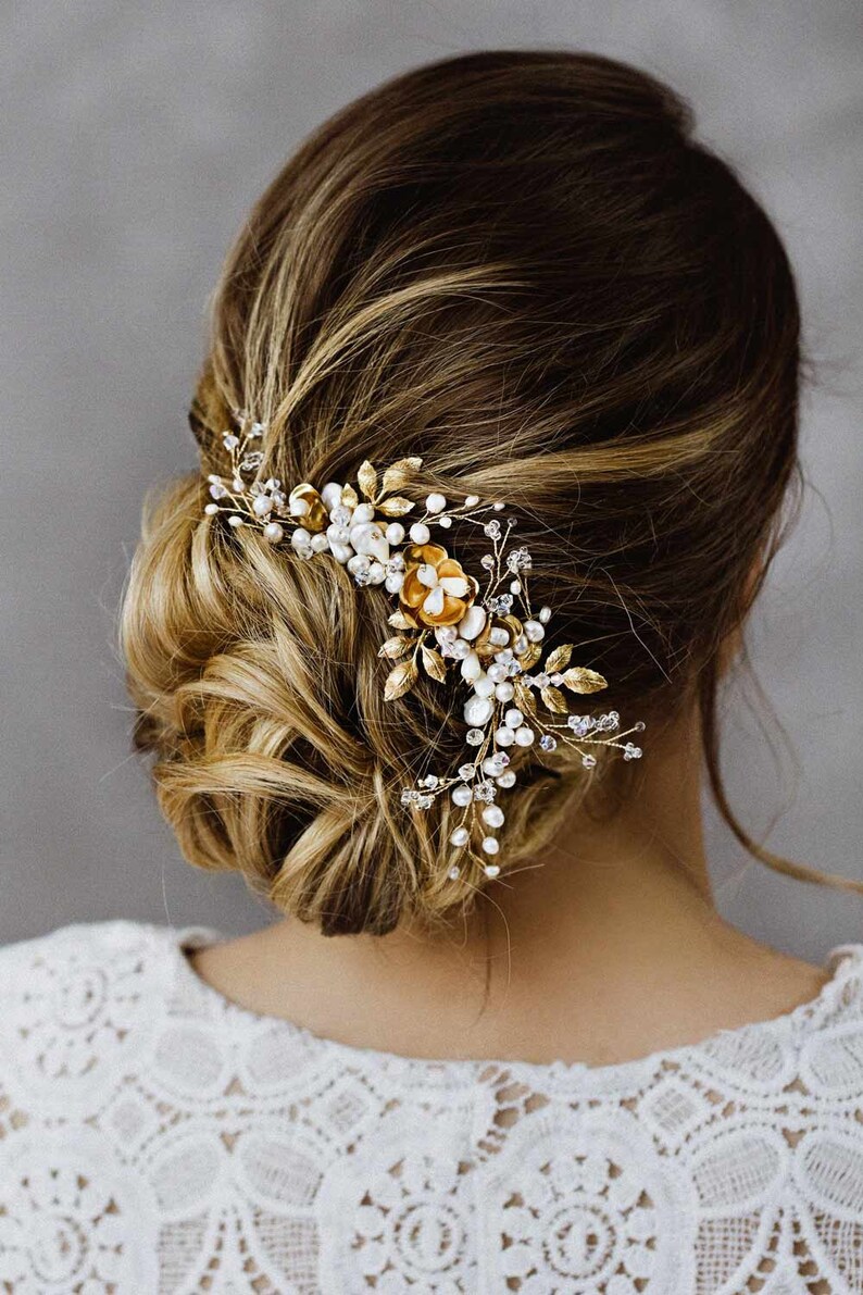 Double flower and pearl spray hair comb - Style #977