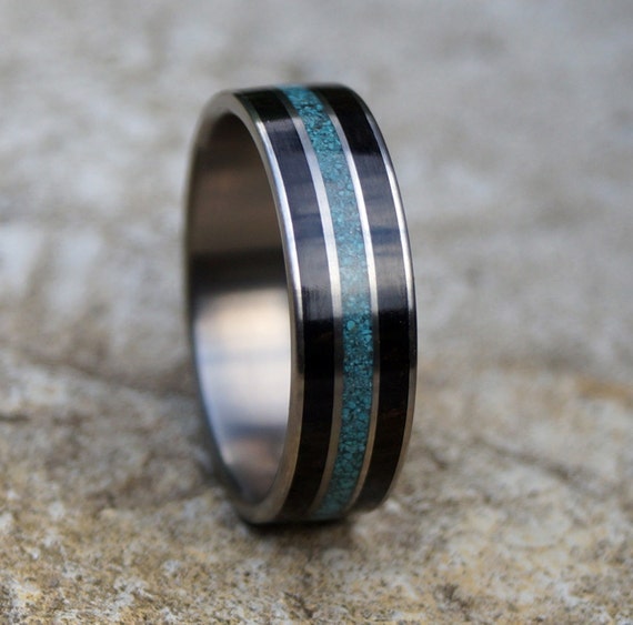 Titanium ring ebony wood and turquoise inlay | Etsy